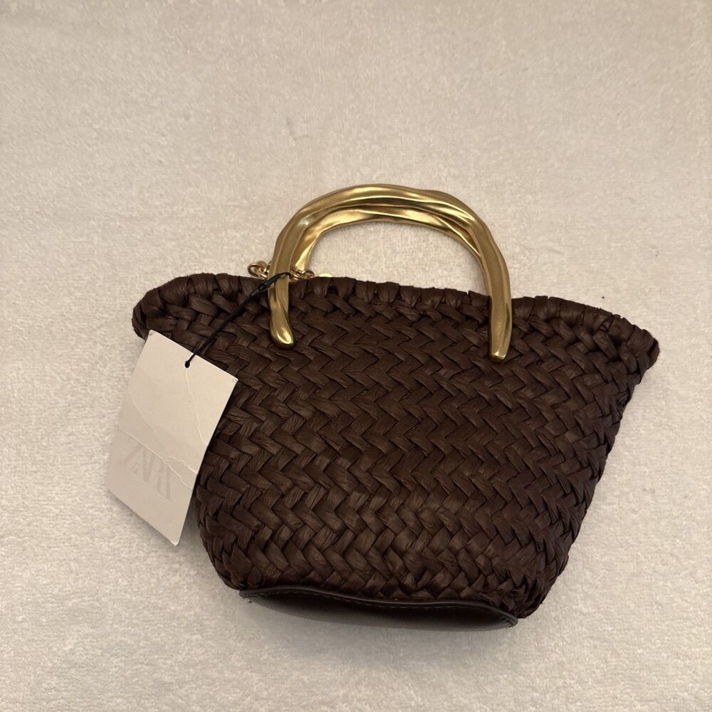 Zara Mini Brown Rafa Bucket Bag with Gold Metal Handle